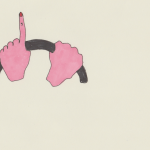 A drawing of two hands on a steering wheel. The left hand has the index finger raised.