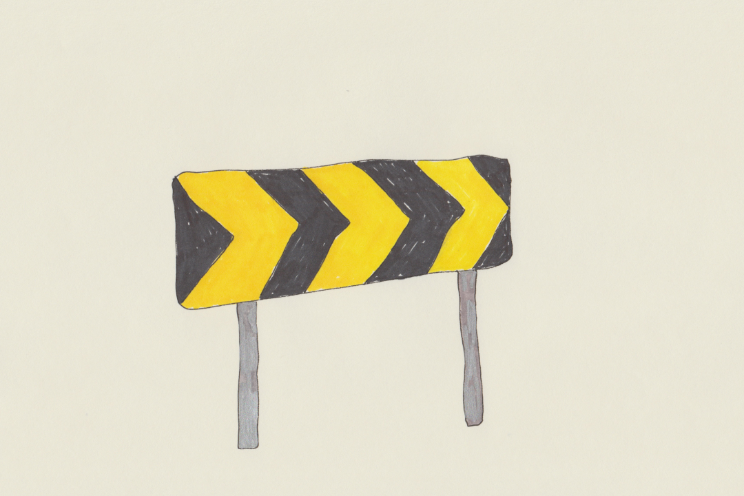 A drawing based on the 'hard right ahead' road sign.