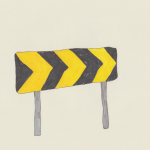 A drawing based on the 'hard right ahead' road sign.