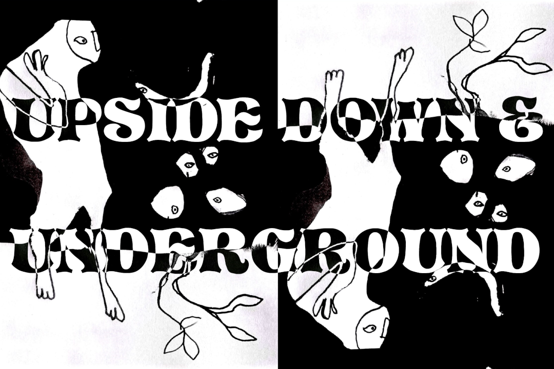 A black-and-white drawing overlaid with the text 'UPSIDE DOWN & UNDERGROUND'. On the left half, there is a figure next to four oval shapes; below these shapes, there is a plant extending downwards. The right half of the image is the left half turned upside down.