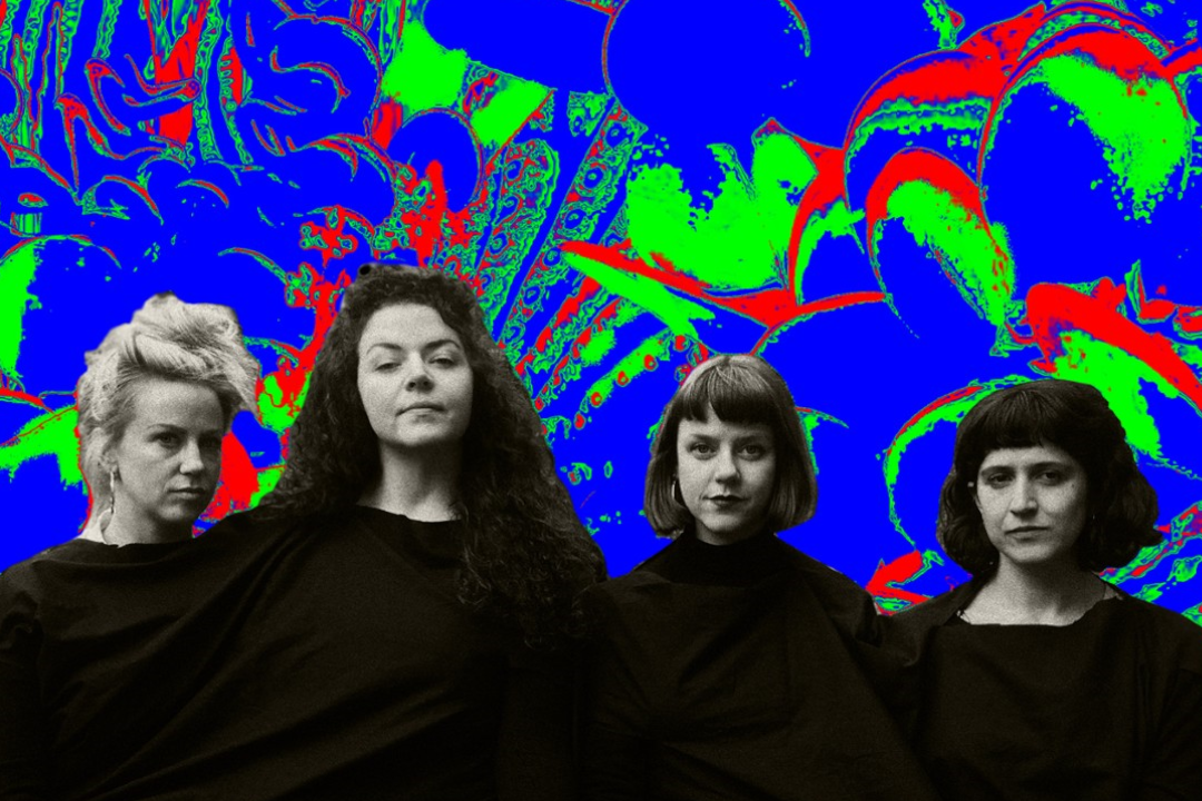 A black-and-white image of Ruth Clinton, Meabh Meir, Sinead Lynch, and Lily Power has been edited onto an abstract background of red, blue, and green.
