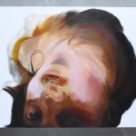 An abstracted painting of the head and shoulders of a person lying on their back with their head tilted backwards.