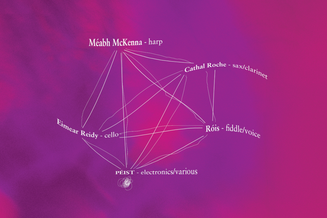 A graphic of an uneven pentagon with a five-pointed star inside on a purple, abstract background. The five corners of the shape read 'Méabh McKenna - harp', 'Cathal Roche - sax/clarinet', 'Róis - fiddle/voice', 'PÉIST - electroniocs/various', and 'Eimear Reidy - cello'.