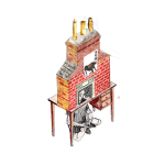 A drawing of a man with a sombre expression, seated underneath a table. A construction made of orange bricks rests on the table, with a fireplace at the bottom and three chimneys at the top. The table has an opening so that the man's head is inside of the fireplace. To his right, there is a microphone. Above the fireplace, there is a picture of a brown, headless animal with four legs and three square shapes connected to its neck by thin lines.