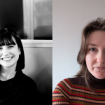 To the left, there is a black-and-white photograph of María Eugenia Larreina smiling. She has straight, dark hair in a bob cut and wears a dark top. To the right, there is an image of Lauren McCullough. She has brown, wavy hair to her shoulders and wears a brown jumper with red, pink, and yellow stripes.