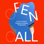 A photograph, with uneven borders, of a house and tree branches below a clear sky. White, irregular text at the top and bottom reads 'OPEN CALL'. Text on the photograph reads 'KUNSTVEREIN Creative Producer Programme'. The border around the photograph is red.