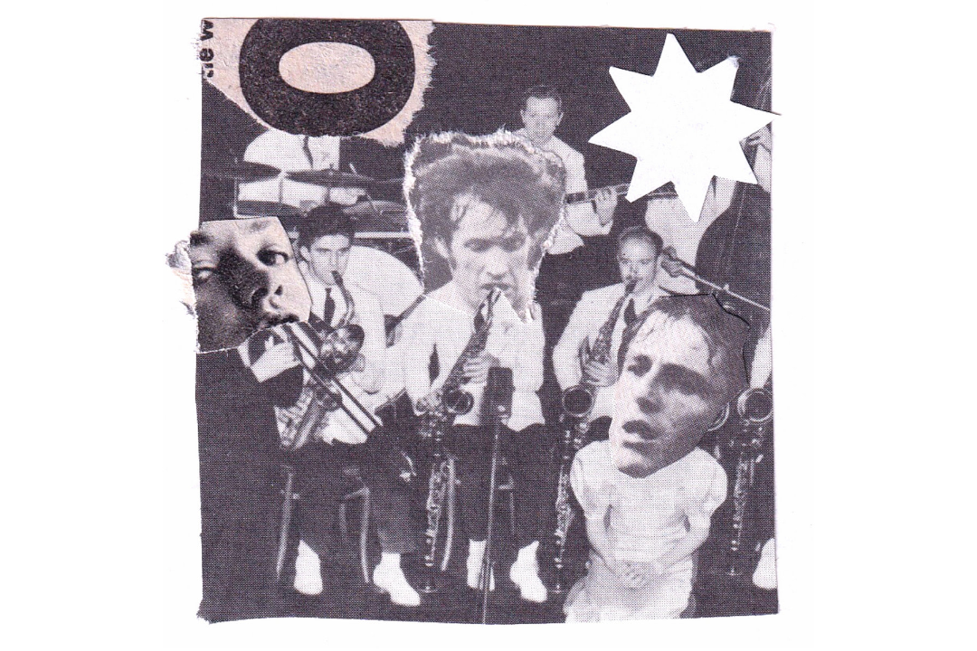 A black-and-white collage of an eight-person band performing on stage. Different faces are pasted over three of the players.