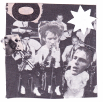 A black-and-white collage of an eight-person band performing on stage. Different faces are pasted over three of the players.