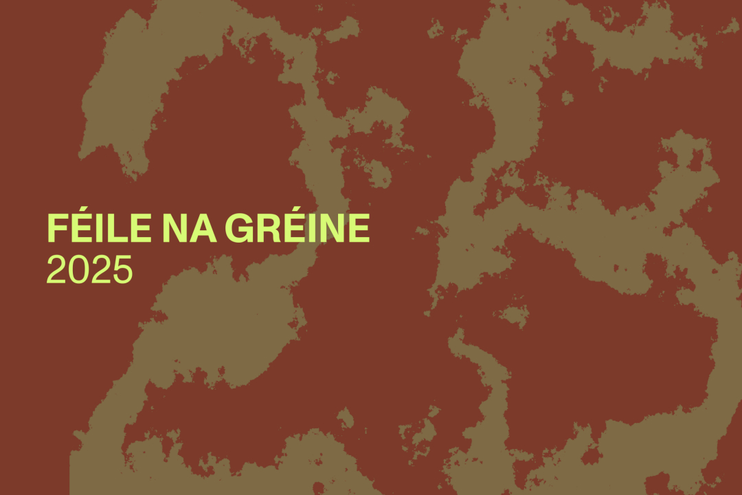 On the left, text reads "FÉILE NA GRÉINE 2025". The background is a design of an abstracted, yellow-green "25" on an orange background.