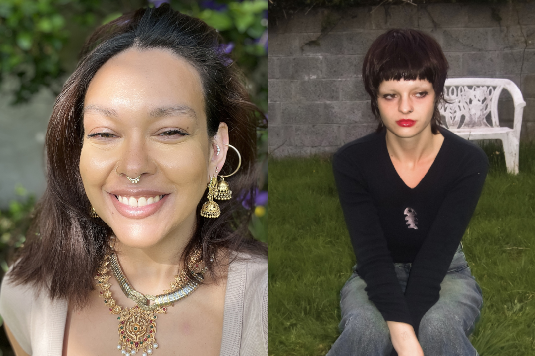 To the left, there is an photograph of Shirani Bolle, smiling. She has dark, shoulder-length hair and wears several earrings, nose rings, and necklaces. To the right, there is a photograph of Alice Harrold sitting on grassy ground. She has short, dark hair and wears a dark, long-sleeved top and jeans. In the background, there is a grey brick wall and a white chair.