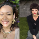 To the left, there is an photograph of Shirani Bolle, smiling. She has dark, shoulder-length hair and wears several earrings, nose rings, and necklaces. To the right, there is a photograph of Alice Harrold sitting on grassy ground. She has short, dark hair and wears a dark, long-sleeved top and jeans. In the background, there is a grey brick wall and a white chair.