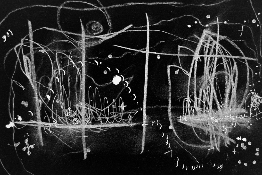 A drawing on a black background of white, abstract lines and shapes, including loops, crosses, and dashes.