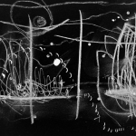 A drawing on a black background of white, abstract lines and shapes, including loops, crosses, and dashes.