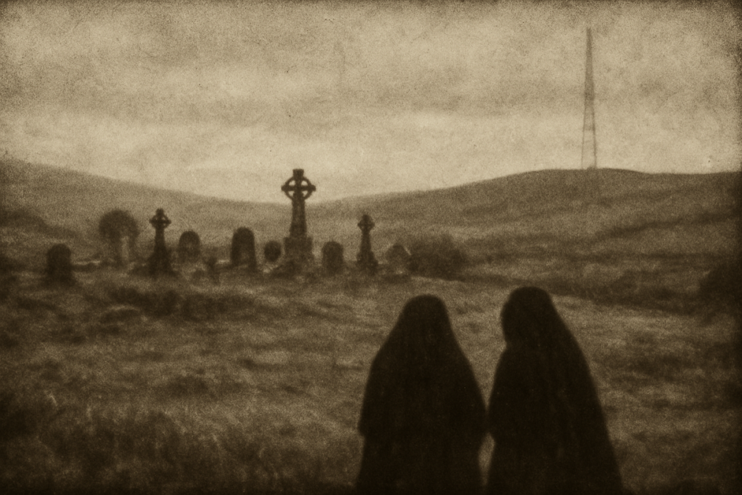 An AI-generated sepia image of two figures standing in a field on an overcast day. They wear dark, hooded cloaks and face away from the camera. In the background, there is a graveyard.