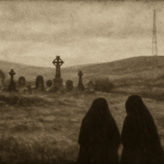 An AI-generated sepia image of two figures standing in a field on an overcast day. They wear dark, hooded cloaks and face away from the camera. In the background, there is a graveyard.