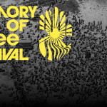 Yellow text at the top-left of the landscape image reads 'MEMORY OF A FREE FESTIVAL' alongside a yellow logo depicting a sun and landscape, with the sky in the shape of a hand. The background is a black-and-white aerial photograph of a large crowd of people in front of a stage to the right of the image.