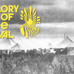 Yellow text in the top-left corner of the image reads 'MEMORY OF A FREE FESTIVAL'. To the right of this text, there is a yellow logo depicting a sun and landscape, with the sky in the shape of a hand. The background is a black-and-white photograph of a crowd of people gathered around numerous large tents in an area with long grass.