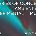White text at the top of the image reads "A SERIES OF CONCERTS OF AMBIENT AND EXPERIMENTAL MUSIC". Text in the bottom-left reads "GLEO", and text in the bottom-right reads "31.10–01.11.2025". The background is an abstract image with green and light-blue blurs.
