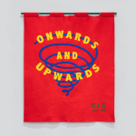 A red, felt banner with a blue, upward spiral overlaid with the text 'ONWARDS AND UPWARDS' in blocky, yellow font. In the bottom-right corner of the banner, green text reads "E J G", "1893 - 1970".